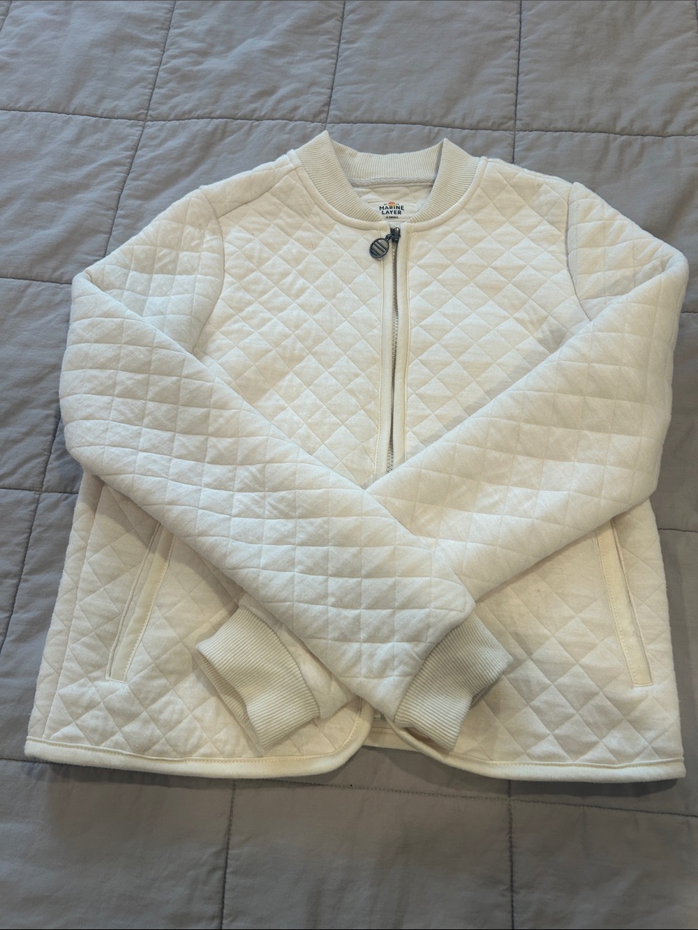 Marine Layer Quilted Cream Zip Bomber Jacket